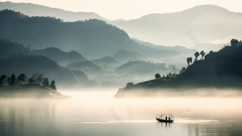 充满中国风的江南水乡雾气景色烟雨朦胧的湖景山景摄影真实,高清,摄影图,摄影图片,图片大全,摄影图免费下载